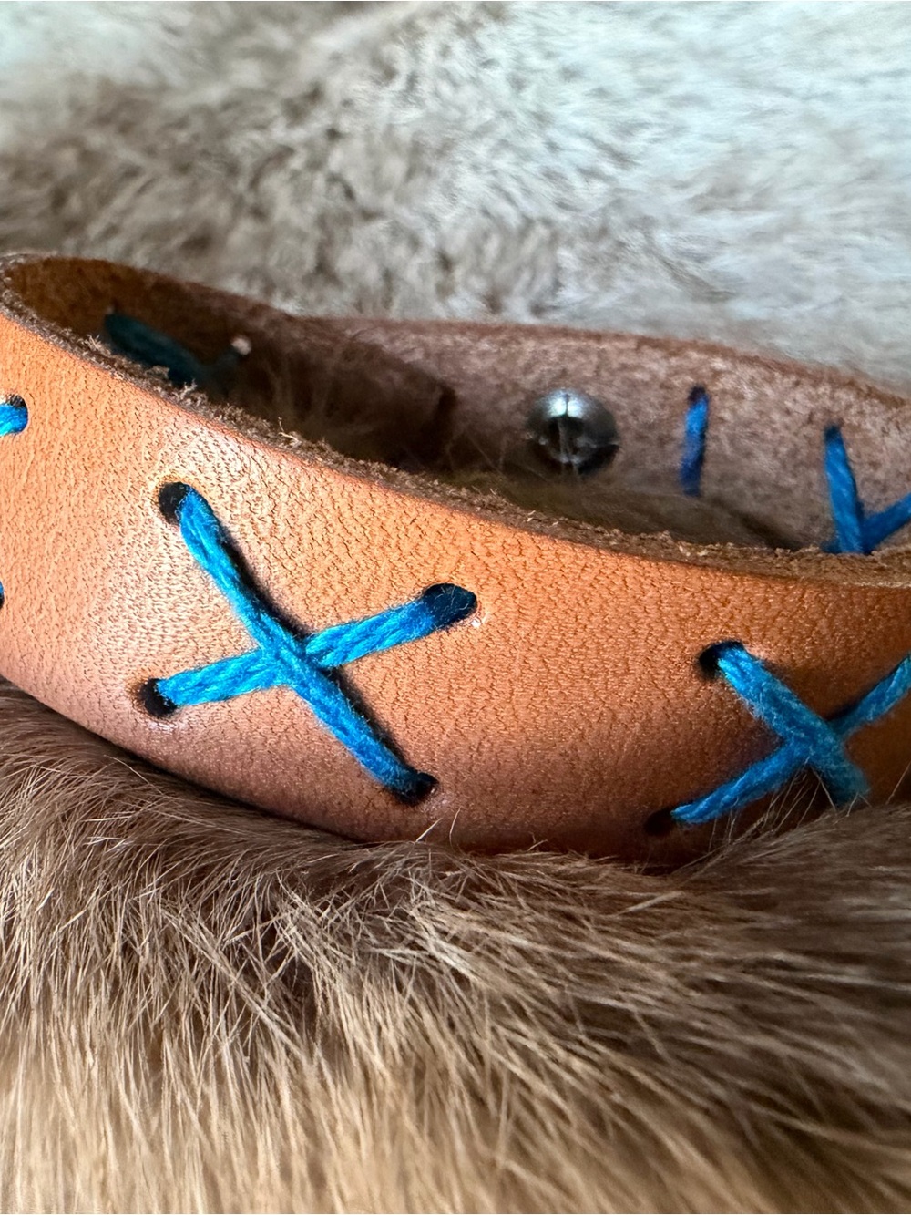 Leather Bracelet with Bright Blue Cross Stitching